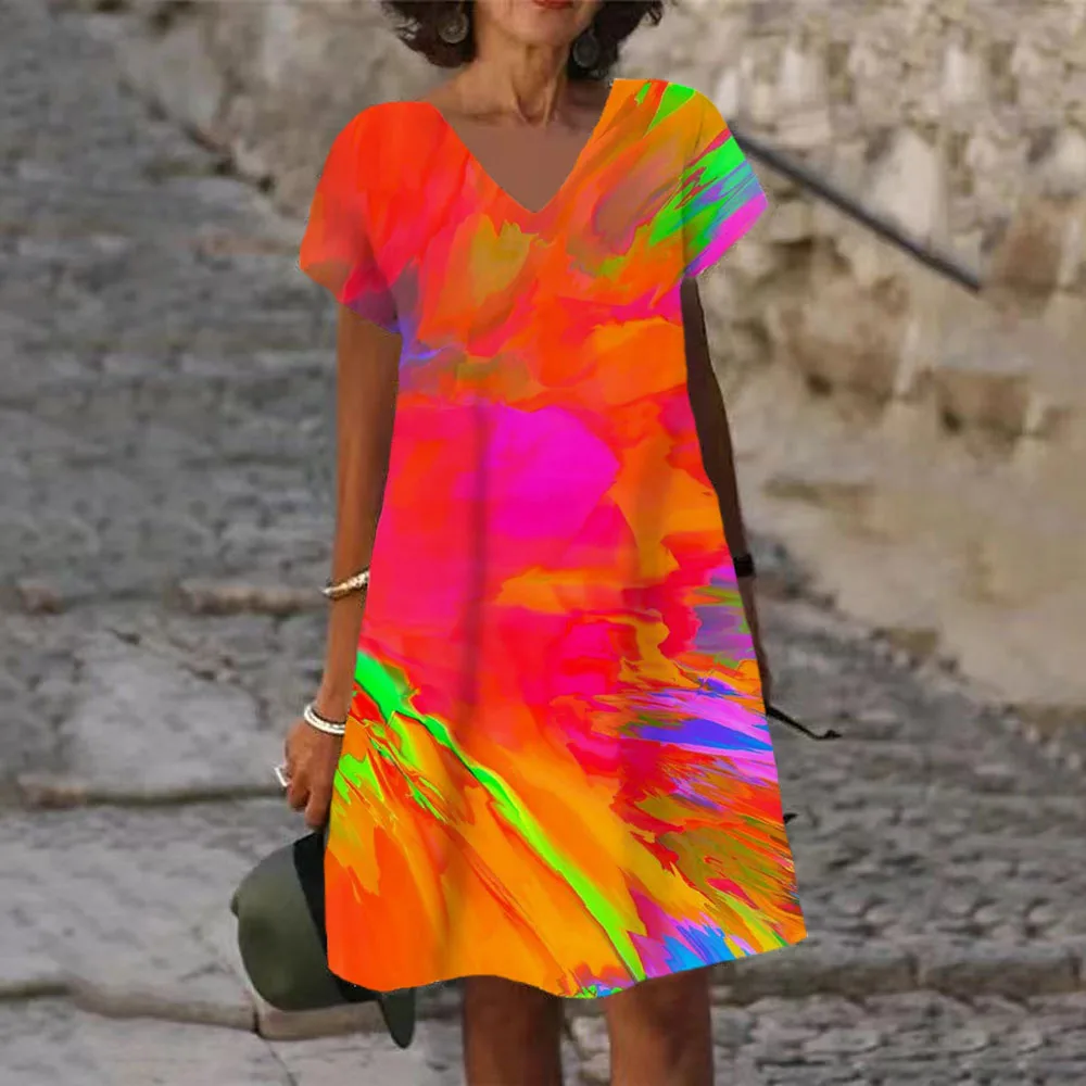 2023 Summer Casual Women streszczenie lakierowany nadruk sukienka trapezowa słodki casualowy krawat barwnik Rainbow Splash-Ink Dress V-Neck luźne