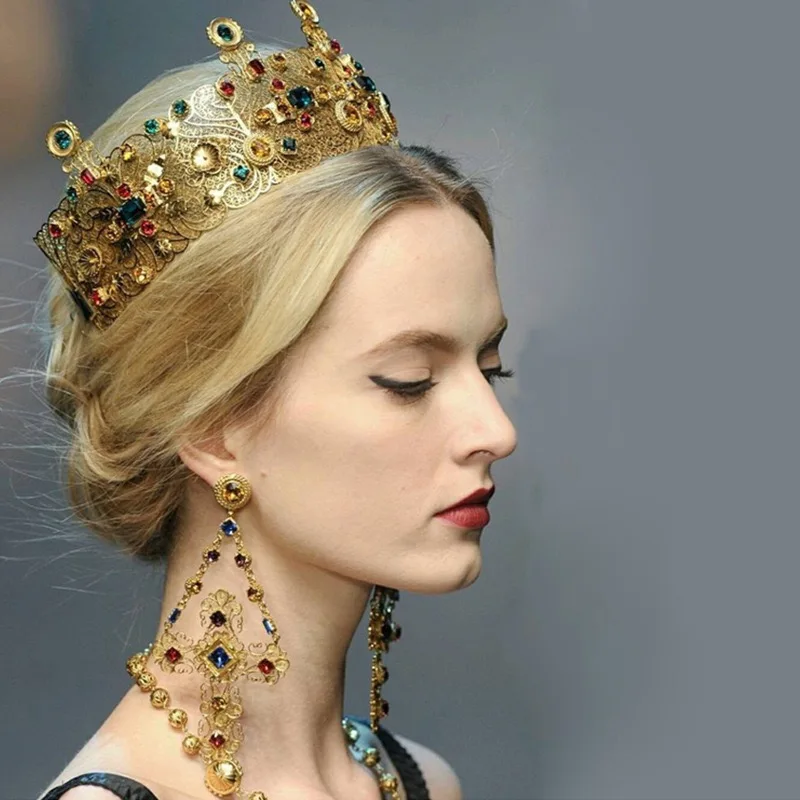 

Luxury Wedding Jewelry Gold Color Crystal Crown Earring Set Baroque wide Headband Bridal Tiara Party Queen Crown Hair Accessor