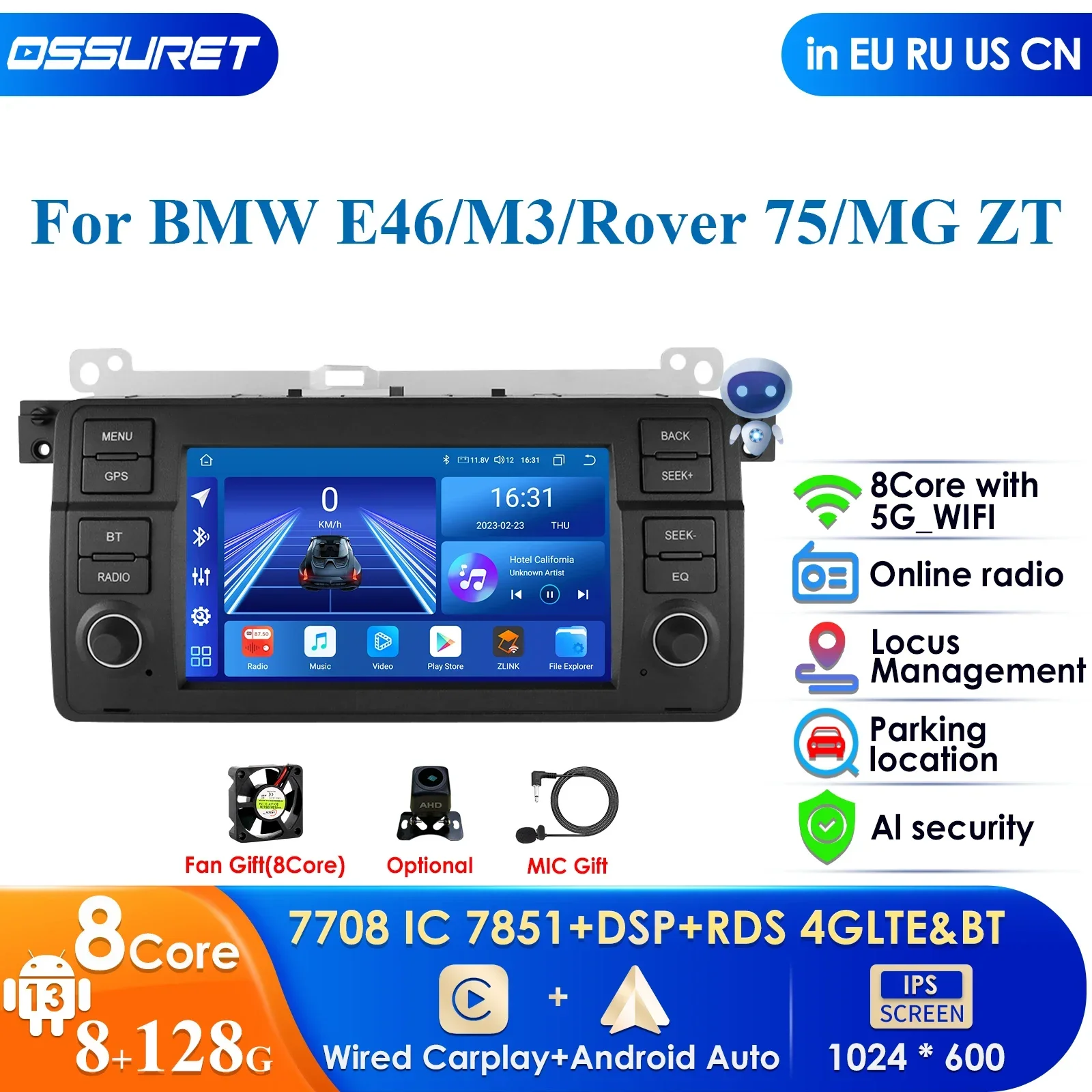 8GB Carplay 1 Din Android 12 Car Multimedia for BMW E46 M3 318/320/325/330/335 Rover 75 Coupe Navigation GPS DSP Audio Head Unit