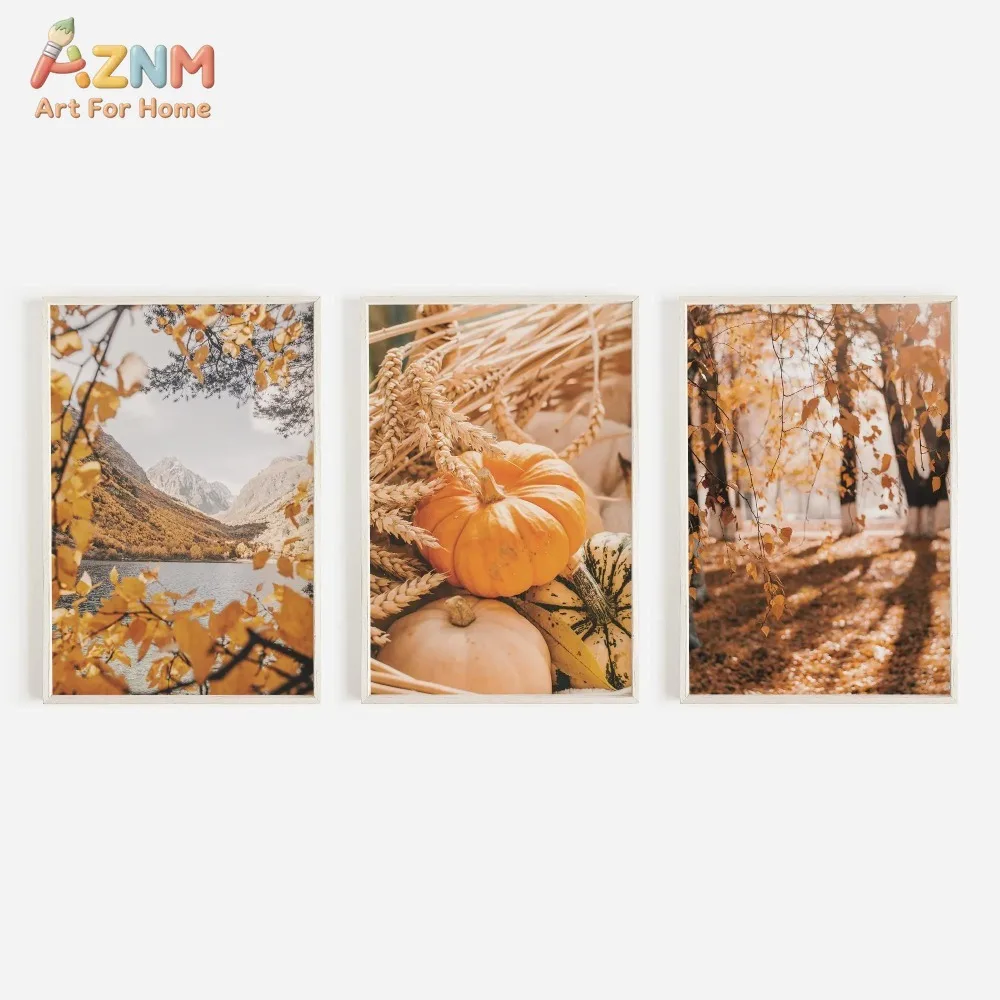 AZNM 3Pcs Warm Autumn Scenery Canvas Wall Art, Mountain Lake Pumpkin Wheat Fall Photo Print Frameless Canvas Painting, Neutr