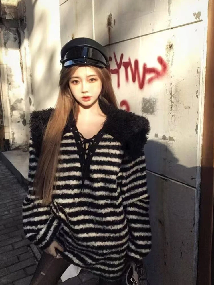 

Vintage Striped Knit Sweater Women Bandage Removable Fur Collar Lazy Wind Pullovers Streetwear Harajuku Loose Casual New Jumpers
