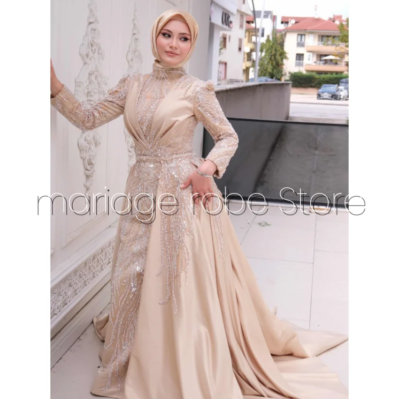 

Customized Elegant Champagne Muslim Evening High Neck Sequin Embellished Arabian Women's Tail Formal Prom Dresses vestidos de fi