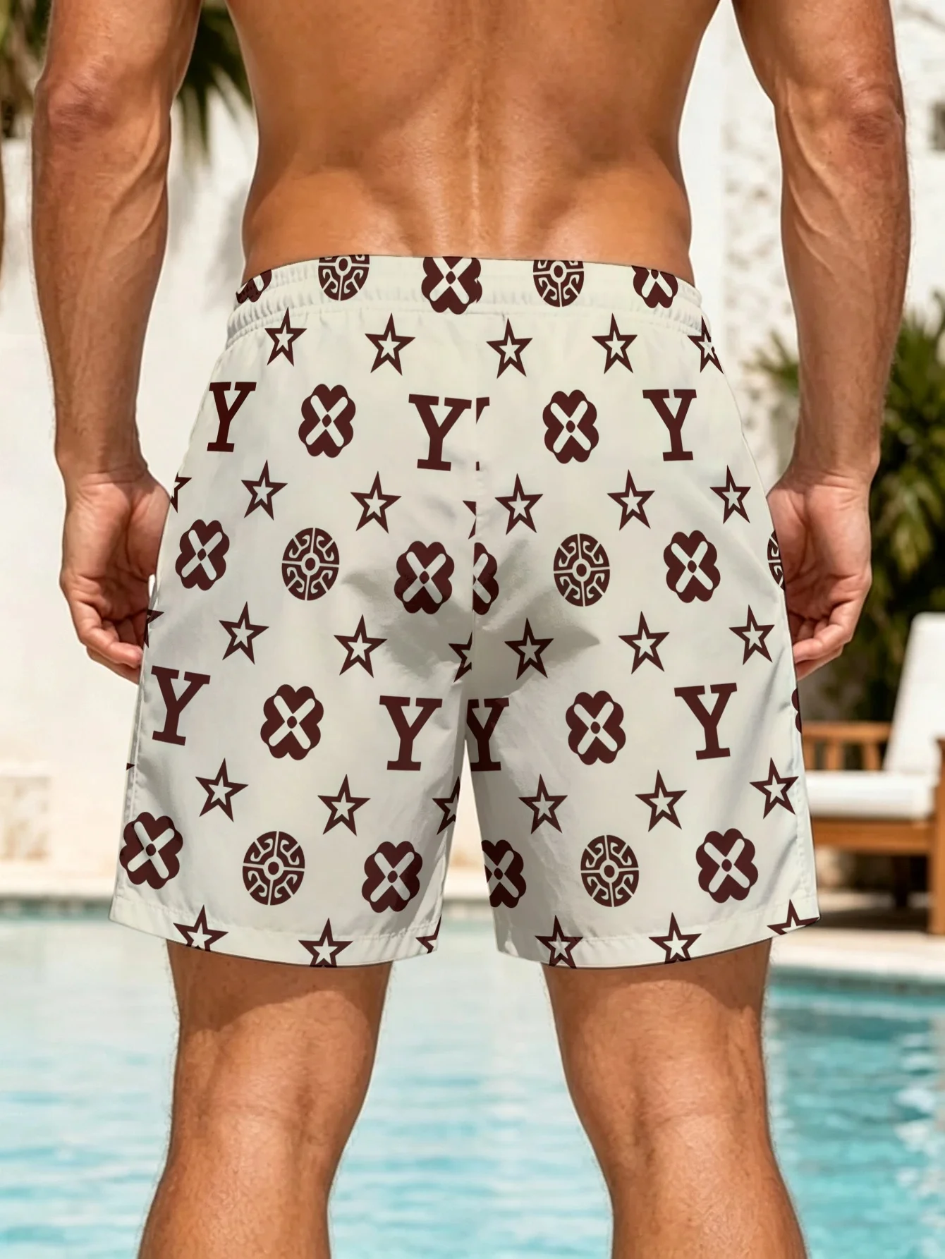 Men's Quick Dry Beach Shorts Star Letter Floral Print Drawstring Elastic Waist Swim Trunks Summer Casual Board Shorts Vacation S