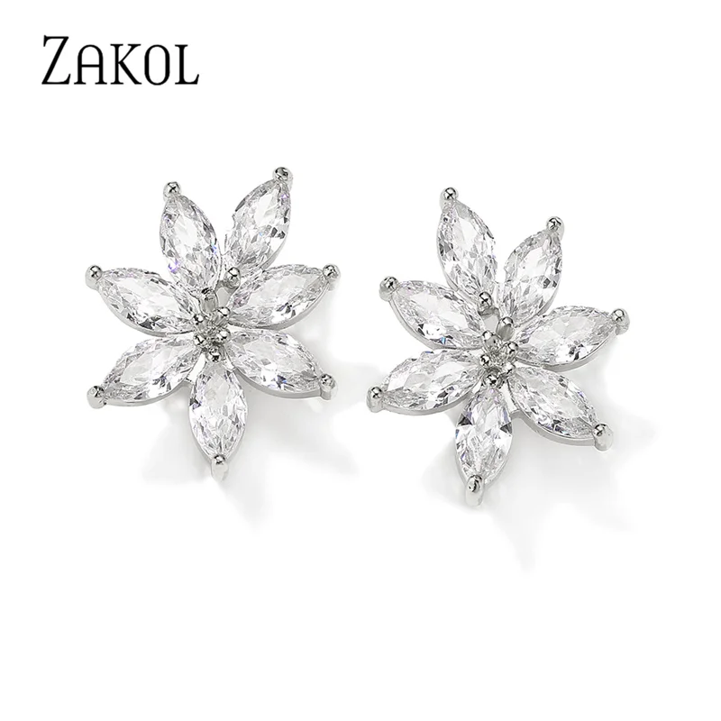 ZAKOL Marquise Cut Zirconia Stud Earrings Shiny Cluster Flower Leaf Earring Bridal Wedding Jewelry for Women