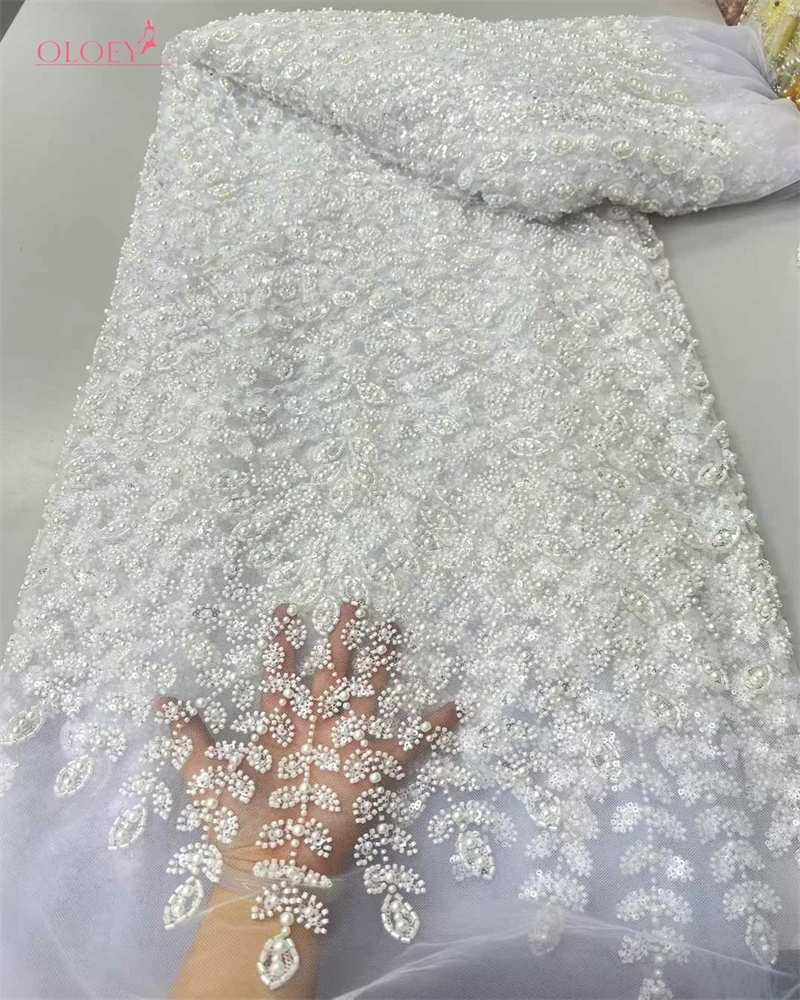 

OLOEY Wholesale Nigerian Gold Lace Fabrics Fashion Women African Tulle Lace Luxury Handmade Beaded Sequins Fabrics For Wedding