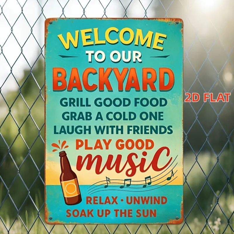 2D Flat 1Pc Vintage Metal Tin Sign, Welcome To Our Backyard, Funny BBQ Beer Wall Decor Plaque