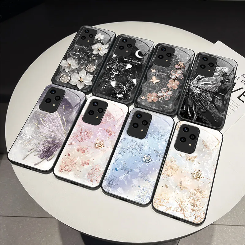 강화유리 하드 폰 케이스 Honor 200 400 Lite 70 90 Pro X50i 고급 나비 꽃 소프트 실리콘 TPU 충격 방지 커버