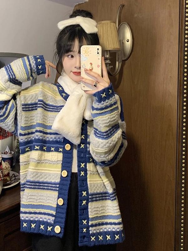 

Свободный крой, вязаный кардиган, женский полосатый свитер Forest System Lazy Sle, весна-осень 2023, Новое поступление, свитер маленького размера Jaet