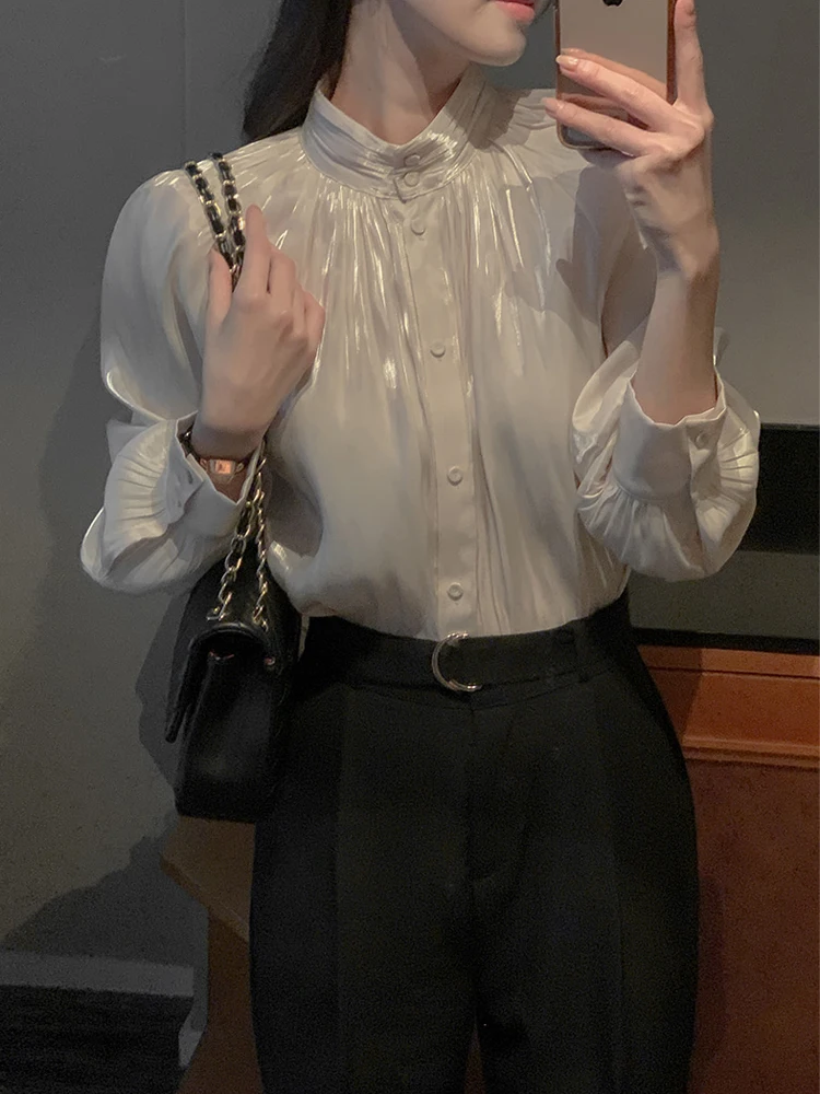 

Shirt Womens Tops Spring 2024 Cute Casual Long Sleeve Solid Loose Single Breasted Lantern Sleeve Turtleneck Folds Women Shirts