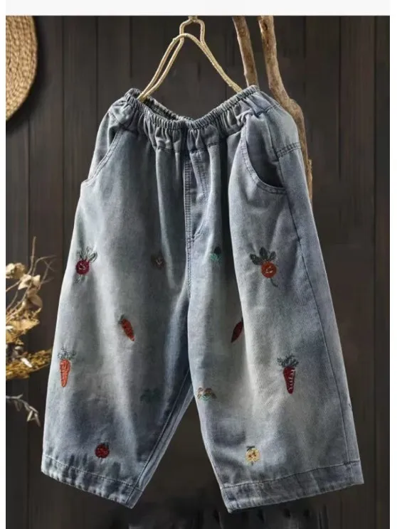 

Slimming Effect Casual Elastic Waist orts Embroidered Denim Six-Part Pants Women Summer Thin Model Harajuku Sle Loose Fit