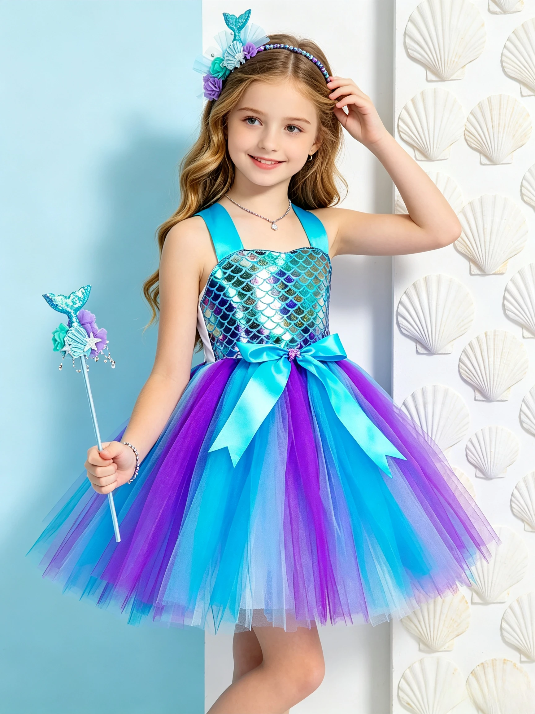 Mermaid Cosplay Tutu Dress Scale Print Bodice Gradient Tulle Skirt with Headband Wand Jewelry Set for Halloween Party Costume