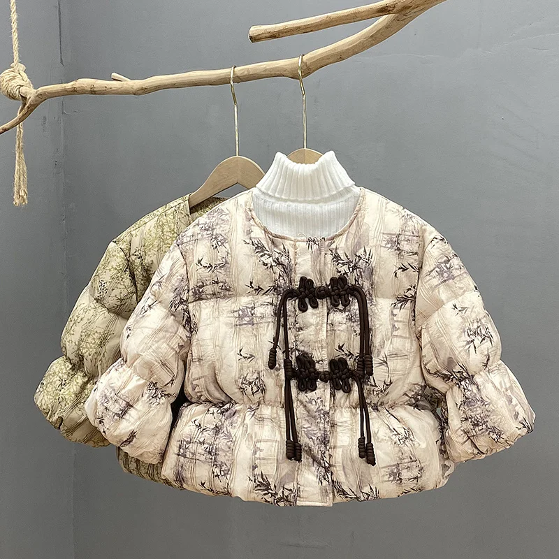 2025 شتاء دافئ موضة 2 3 4 5 6 8 سنوات الأطفال سماكة بطة أسفل ريشة نبات كامل طباعة الاطفال طفل الفتيات سترة معطف