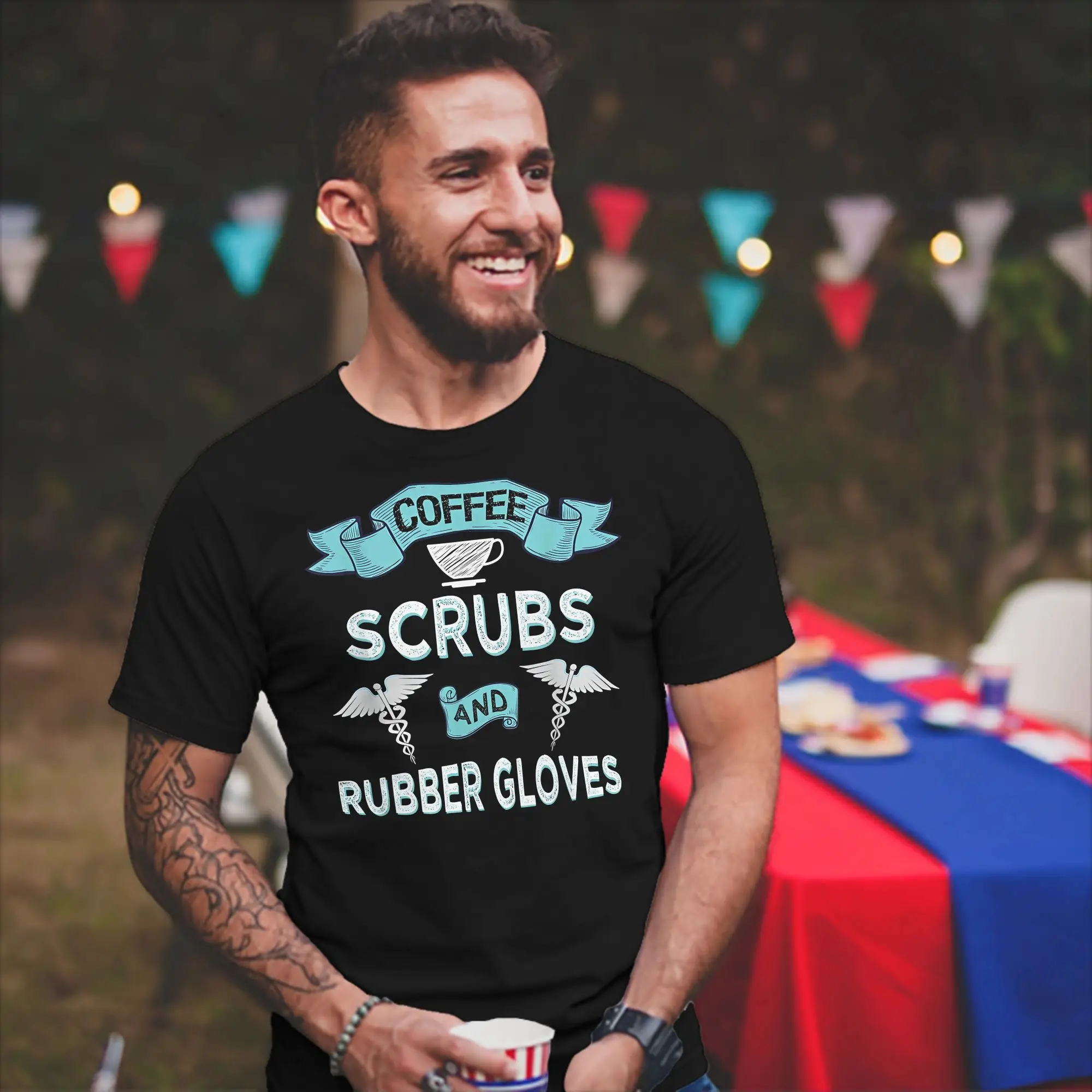 Kawaii Coffee Scrubs And Rubber Gloves Nurses T Shirt Men's Round Neck Short Sleeve Tops  Cotton Summer Clothing