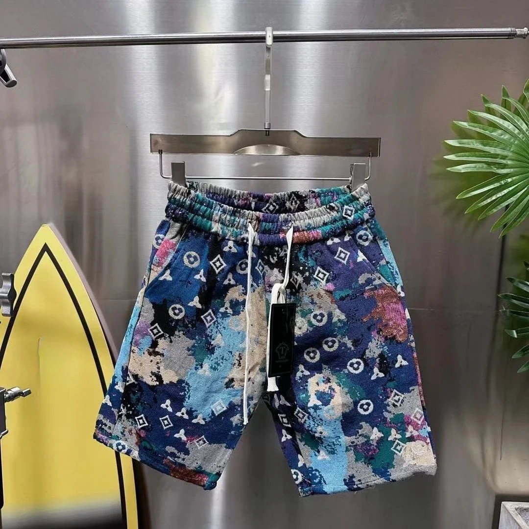 2024 New Denim Fabric Front and Back Color Full Printed Letters All-Match Flowers Western Style Beach Shorts Couple Style