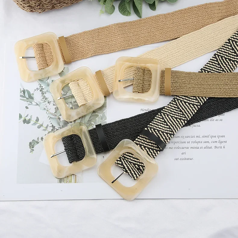 New PP grass woven belt women's retro cotton and hemp ethnic style dress with waist closure square buckle decorative belt