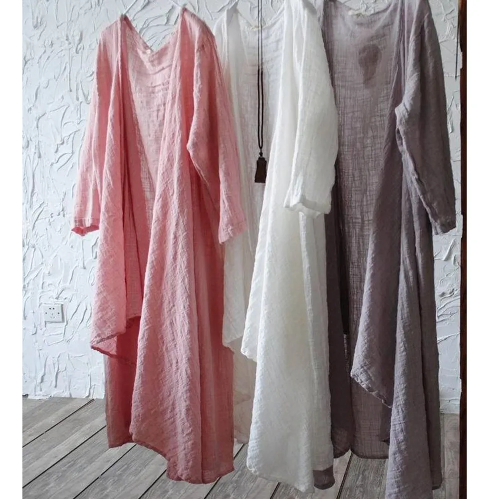 Letní volná bavlna, lněná dlouhá opalovací bunda, kabát, pevný, nepravidelný, ležérní, otevřený steh, ženy, vintage tenký kabát, topy, svrchní oblečení - náhled 5