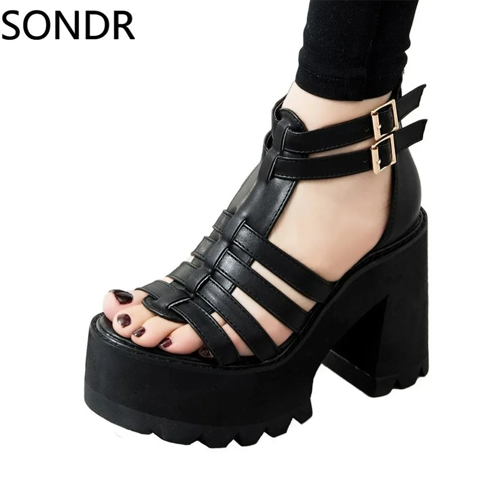 Womens Roman Buckle Strap Cut Out Chunky Heels Platform Punk Black Sandals Zip Roma Shoes Roman Gladiator