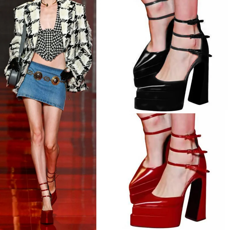 

Catwalk Buckle Strap Thick Heel Pointed Hollow Patent Leather 2022 Brand Designer Women's Sandals Super High Heel Platform High