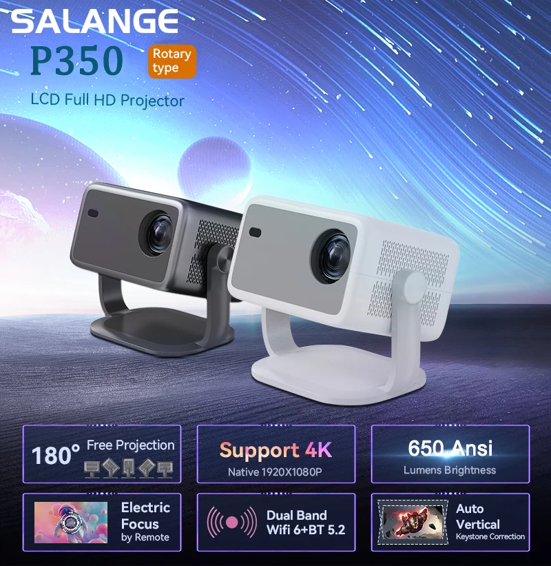 Salange P350 Portable Projector 650 ANSI Support 4K HD 1080P Android11 Bluetooth 5.2 Dual WiFi 6 for Cinema Outdoor Proyector