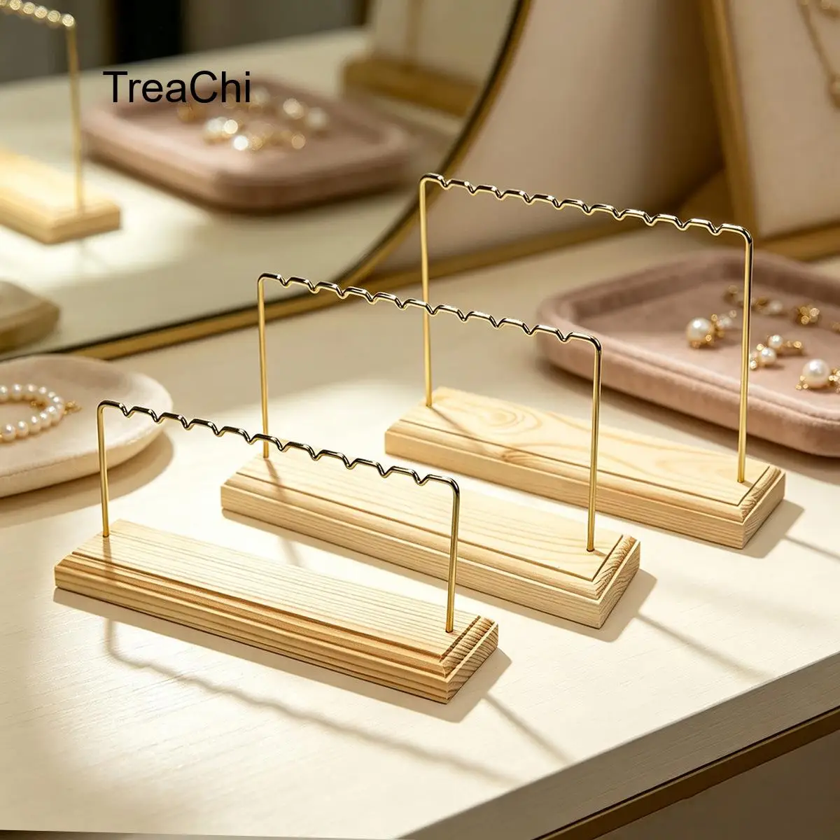 Rectangular Wooden Base with Wavy Gold Metal Frame Jewelry Display Stand Earrings Display Stand Available in Multiple Sizes