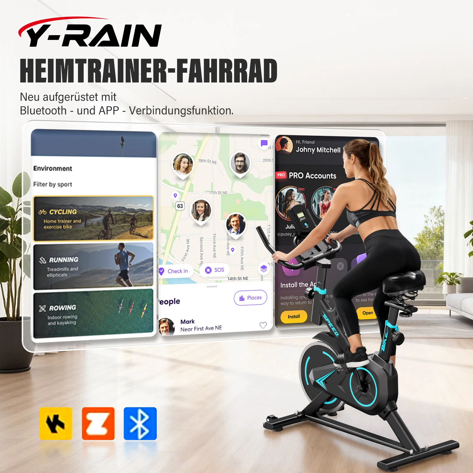 Y-RAIN Indoor-Heimtrainer, Höhenverstellbarer Sitz & Lenker, APP, LCD-Monitor, Maximale Belastung 120KG