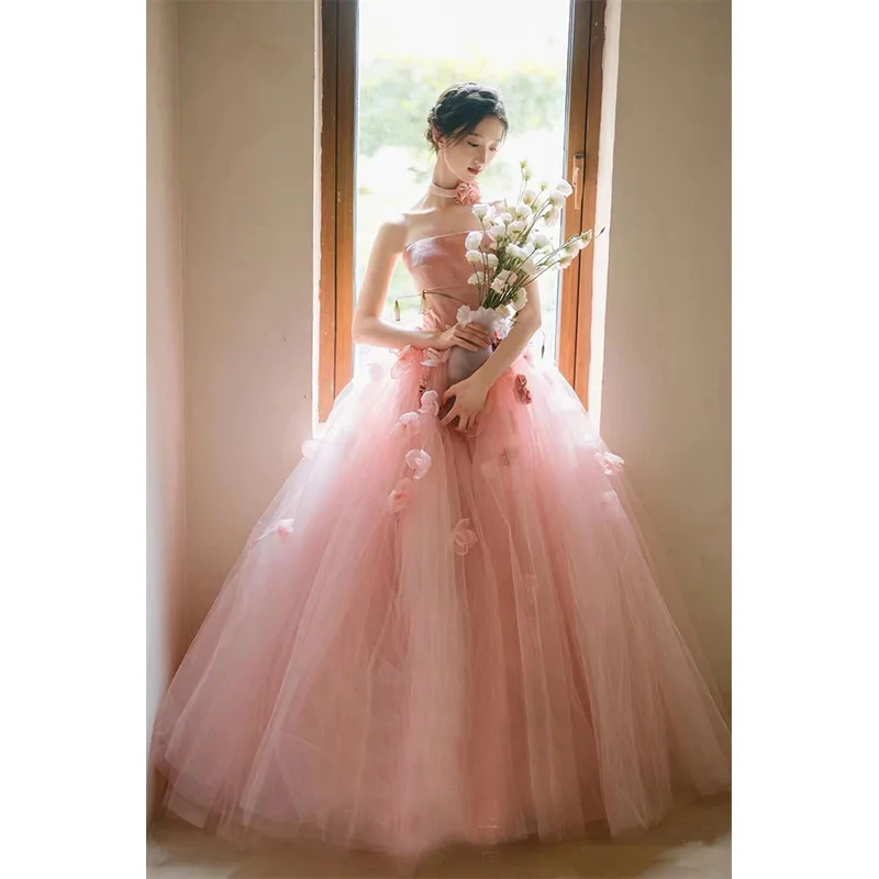 

Strapless tube top evening dress three-dimensional flower bridesmaid wedding dress pink wedding dresses for women
