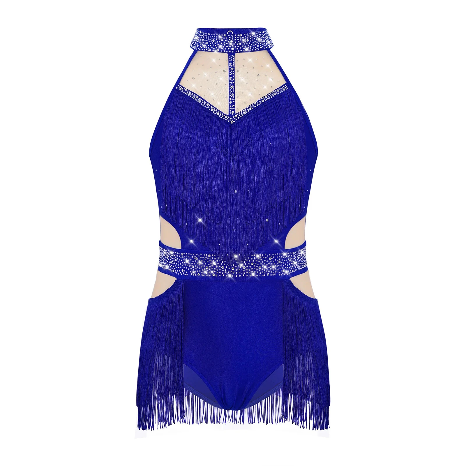 Kids Girls Latin Dance Leotard Sheer Mesh Cutout Back Shiny Rhinestones Sleeveless Tassels Skirted Bodysuit Jazz Tango Dancewear - Image 3