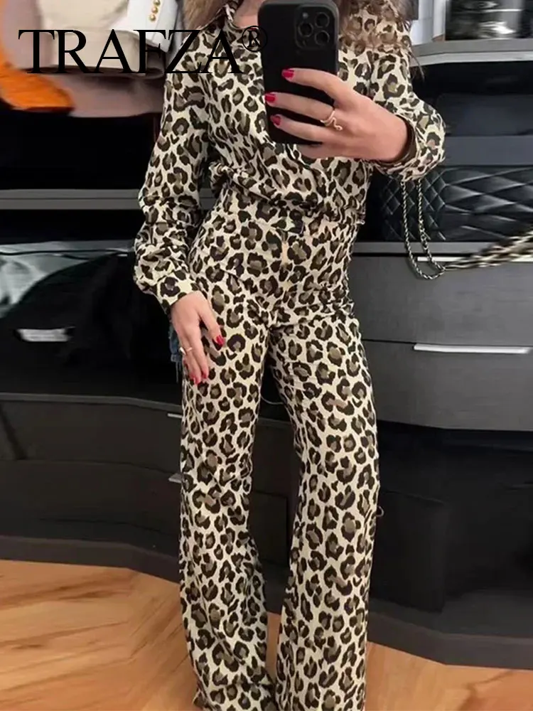 TRAFZA 2024 primavera nuova donna Leopard Print set maniche lunghe bottoni con risvolto camicia + vita alta Chic donna pantalone lungo Streetwear