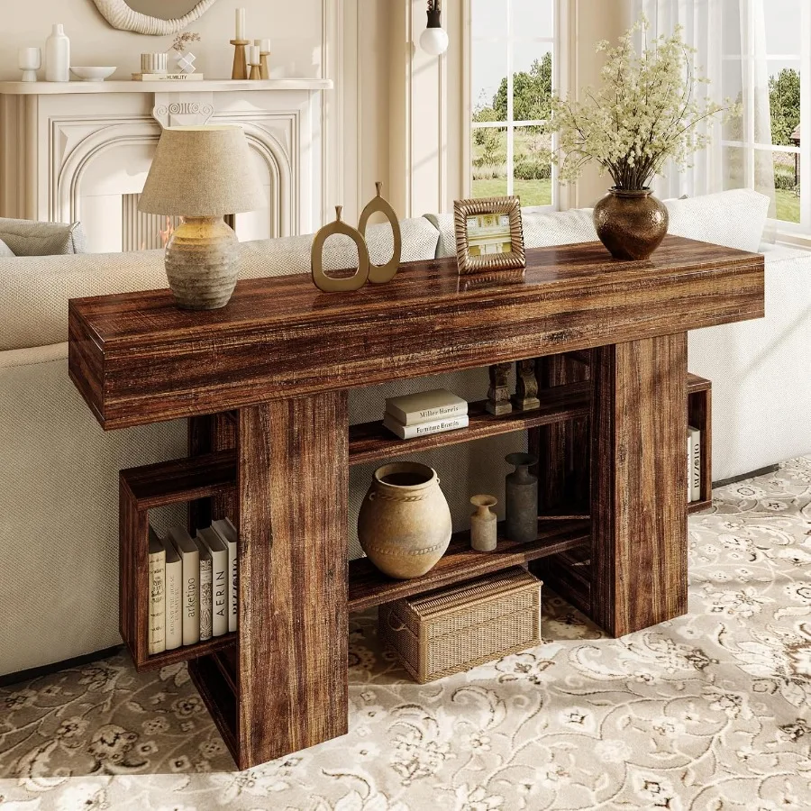 63 Inch Console Table with Storage Looped Frame 3Tire Wooden Sofa Table Behind The Couch Farmhouse Entry Foyer Table for Entryw
