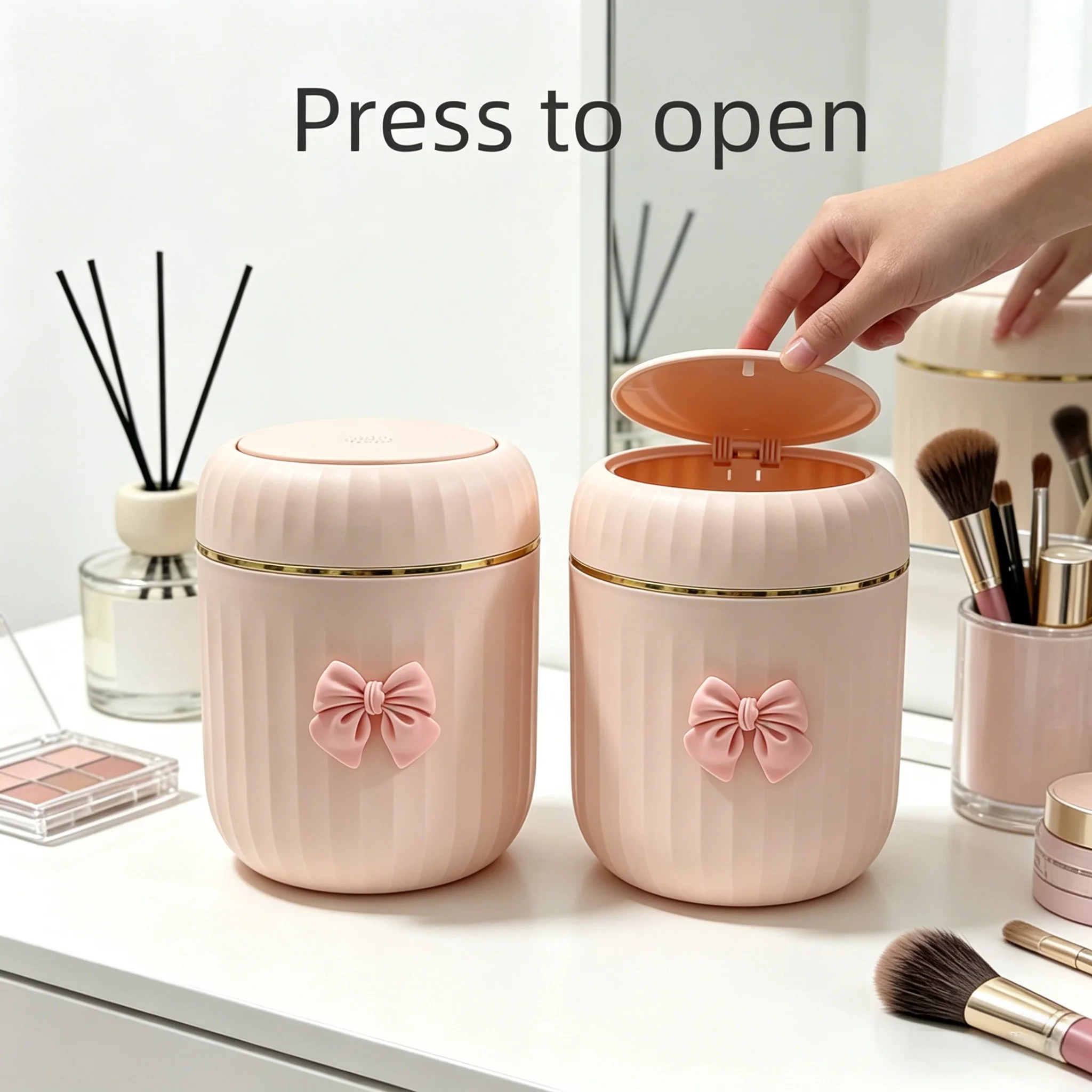 Press Open Trash Can with Lid Bow Decor Portable Desktop Storage Box No Power Needed Mini Garbage Bin for Office Home Room