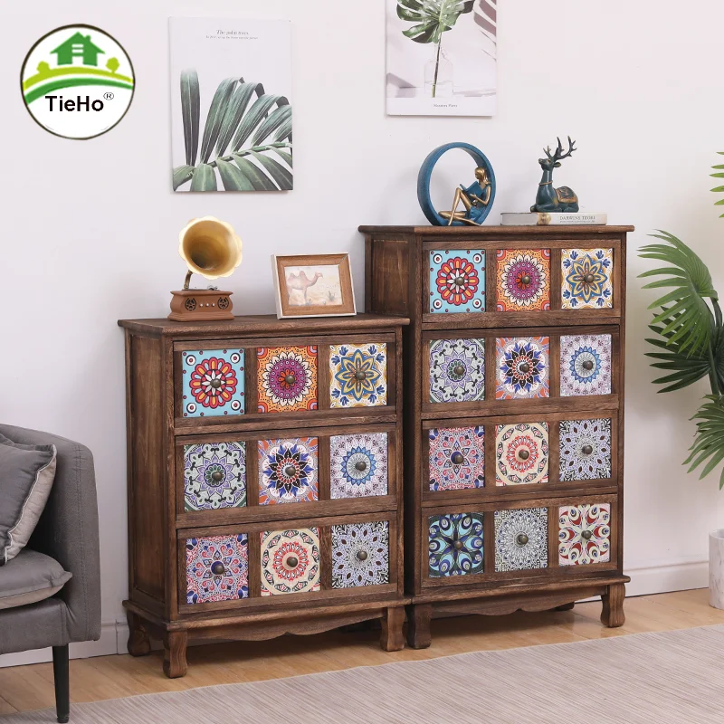 American Style Antique Solid Wood Bedside Table Drawer Type Storage Cabinet Living Room Multi-layer Wooden Sofa Side Table