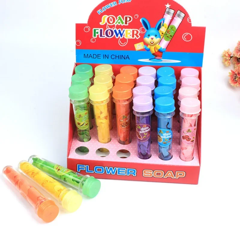 Color Handmade Portable Travel Test Tube Simulation Roses Soap Paper Washing Cleaning Bath Soap Party Favor 24pcs/bag