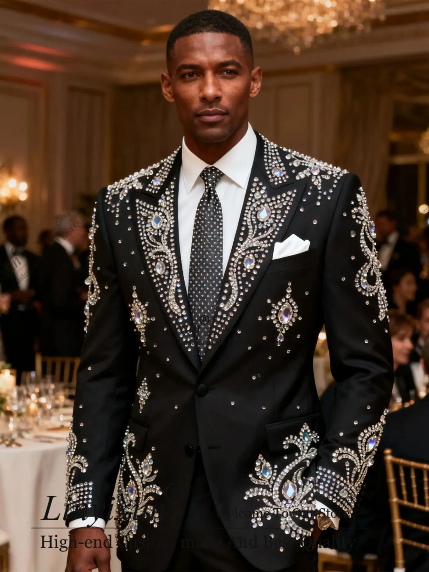 

Sparkly Beaded Ornament Diamonds Men Suits Customized Wedding Tuxedos Slim Fit Groom Male Blazers Party 2 Pieces Costume Homme