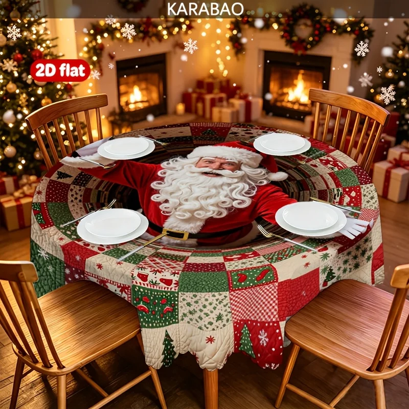 1 Christmas-themed round lace tablecloth, red and green checked snowflake pine pattern, Santa Claus tunnel design