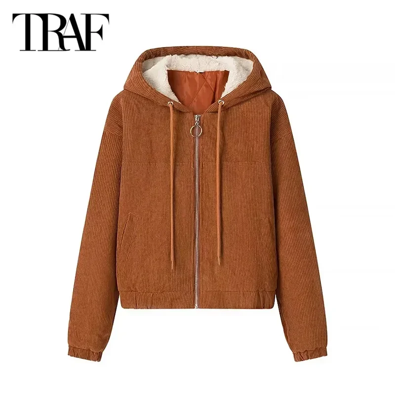 Traf-女性用コーデュロイフード付きコート,暖かい冬のジャケット,デミパッド入りのシーズン,長袖,ショートパーカー,アウターウェア,2024