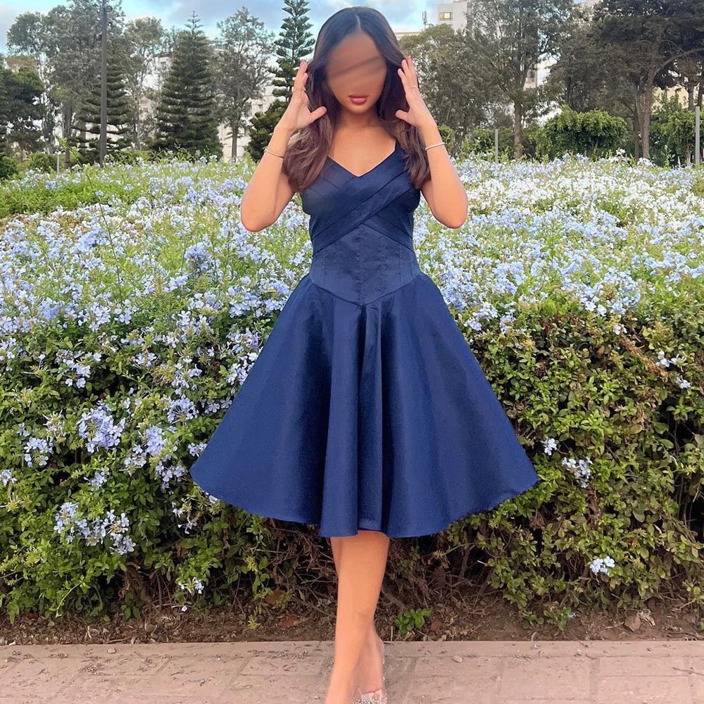 Customized Temperament A-Line Knee Length V-Neck Jersey Sleeveless Pleats Evening Dress Elegant Photo Color vestidos para mujer