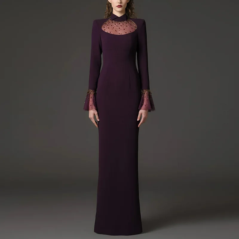 

Newest Fashion 2026 Designer Vestido Women's Mesh Patchwork Luxurious Diamonds Rhinestone Beaded Lapel Long Dress костюм женский