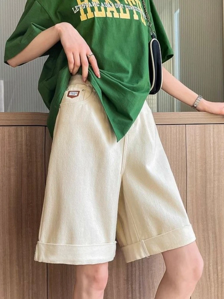 

Синие мягкие джинсовые шорты с завышенной талией, облегающие прямые шорты для женщин, корейская мода, универсальные свободные широкие брюки, Новинка лета 2024