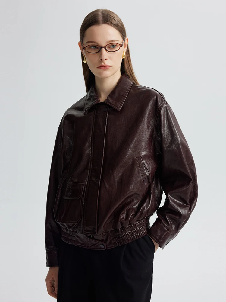 

Casual Loose Genuine Leather Motorcycle Jackets for Women Simple Retro Oil Wax Real Goatskin Leather Coat jaqueta couro feminina