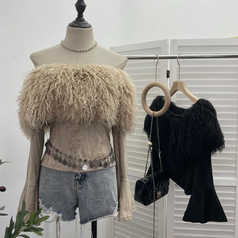 ISAROSE Sexy Fluffy Tops for Women Causal Spring Autumn Solid Color Slash Neck Flare Sleeves One Size Short Slim Ripped T-shirt