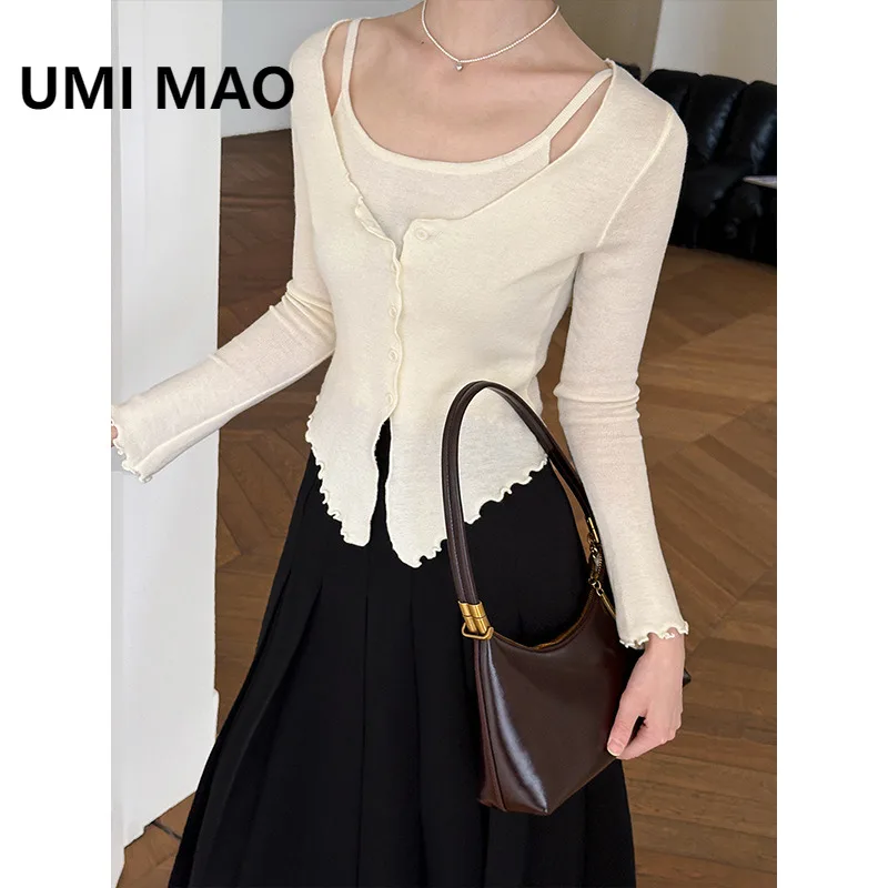 

UMI MAO Long Sleeve Shirt Spring New Korean Version Thin Fake Two-Piece Soft Slim Fit Wavy Edge Knitted Sweater Women