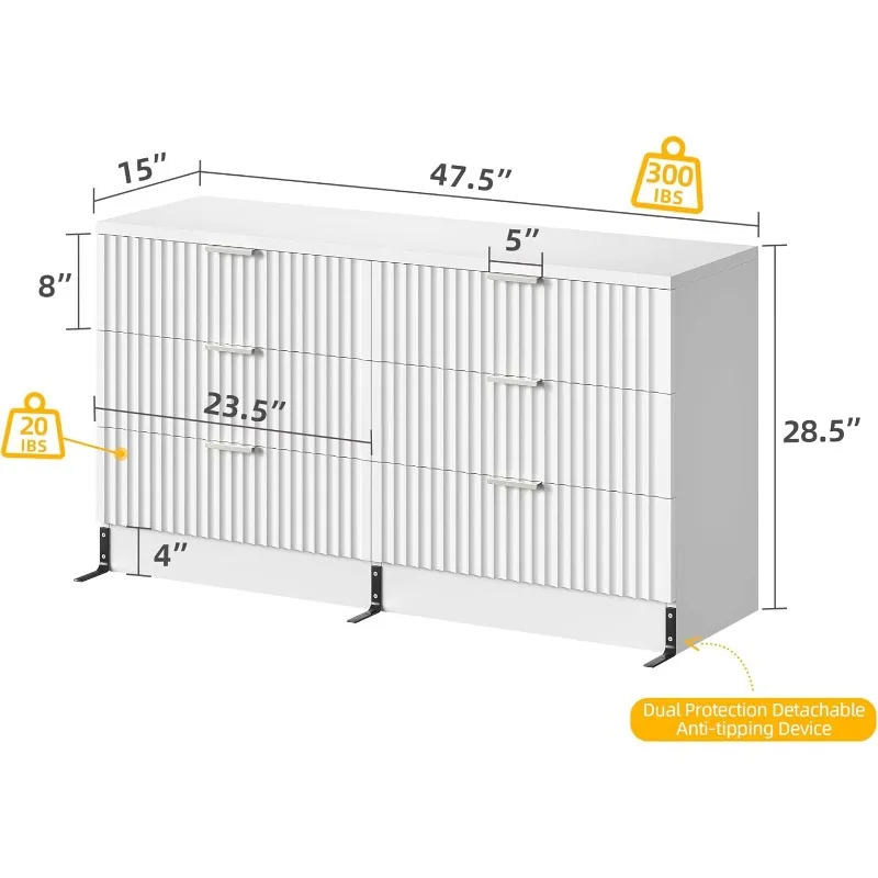 6-Drawer Dressers, High Gloss White Chest of Drawers with Fluted Panel, Wide Versatile Storage Dresser Organizer.