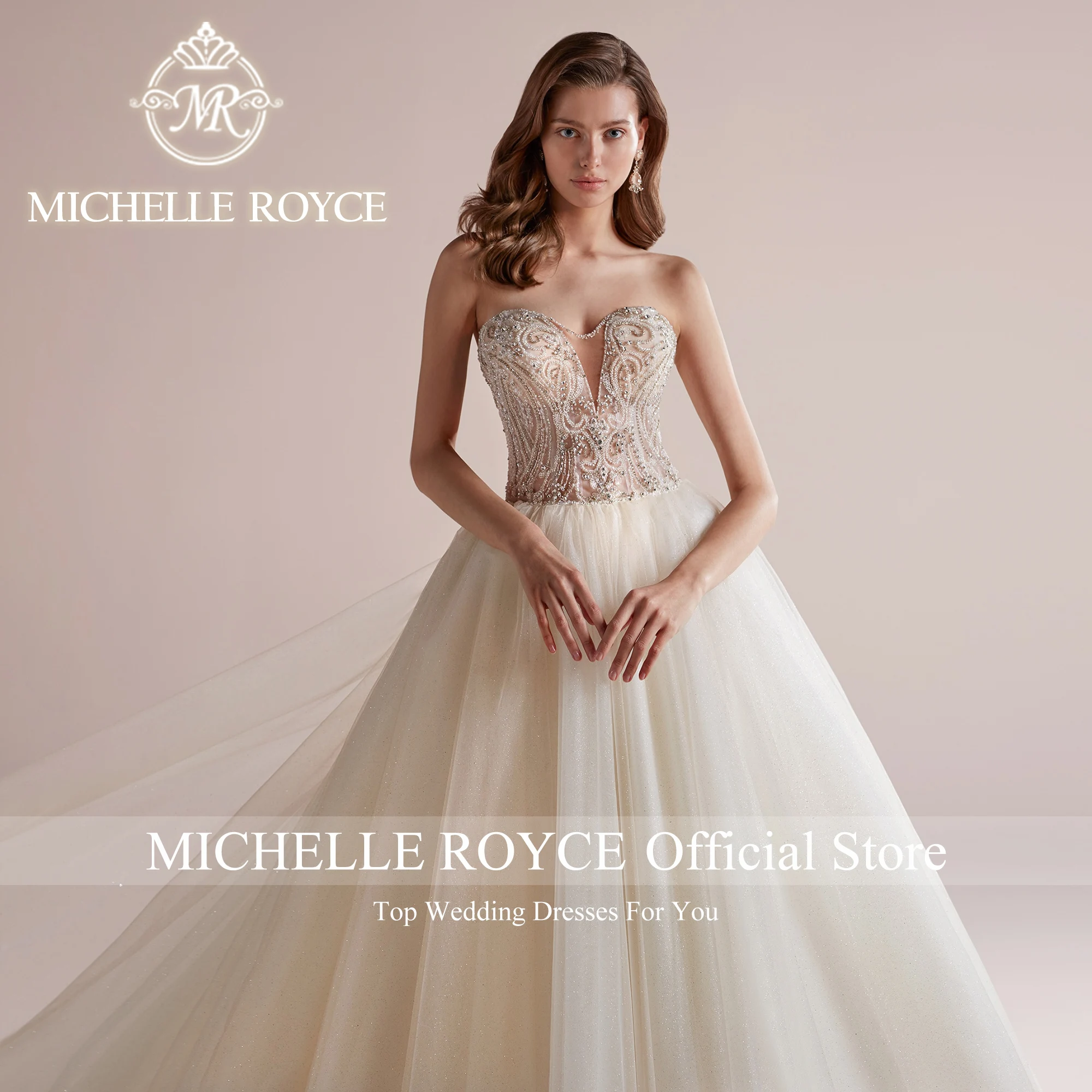 Michelle Royce ชุดเดรสชุดราตรีงานแต่งแฟชั่นใหม่2023ชุดเจ้าสาวหวานแขนกุดผ้าปะติดชุดแชมเปญ