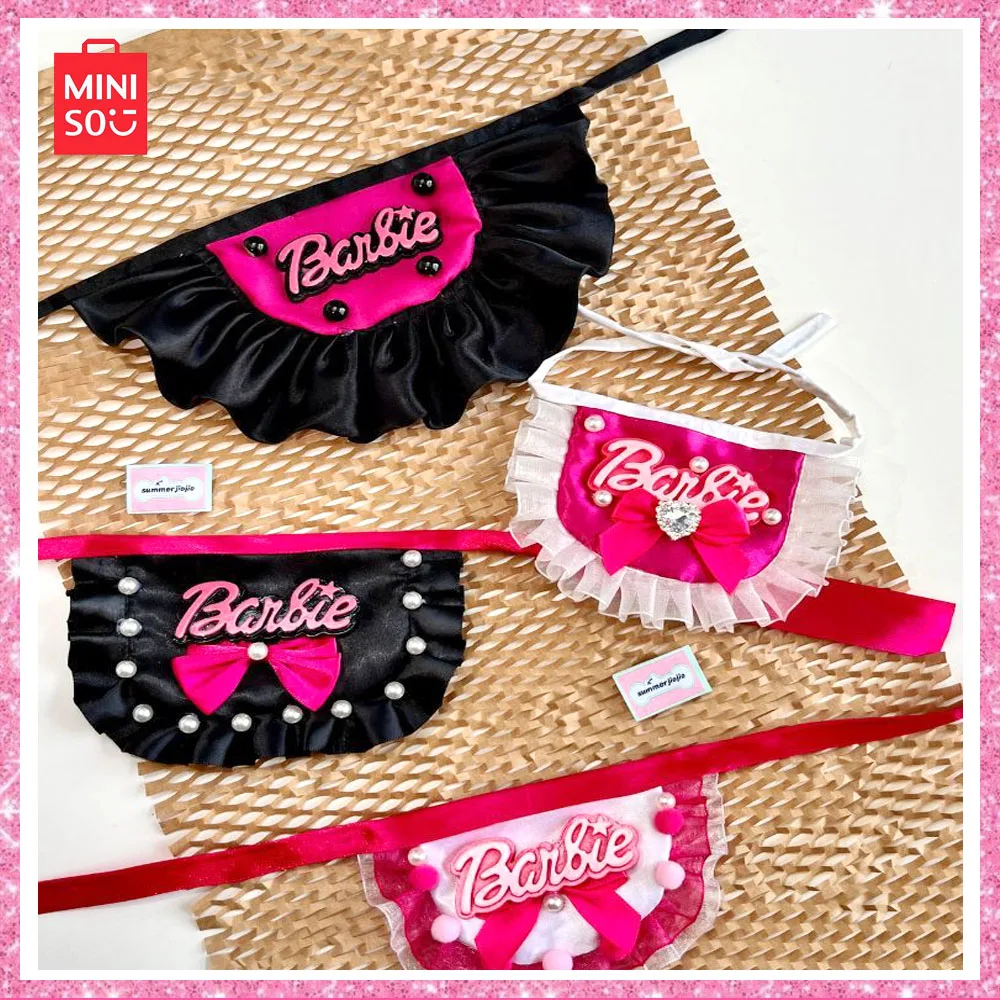 

2024 Miniso Barbie New Anime Cute Cartoon Pet Drool Collar Pink Lace Cat Puppy Handmade Bowknot Birthday Bib Gift