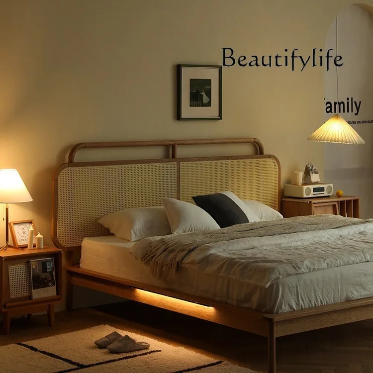 Nordic style solid wood bed Japanese modern light luxury rattan bed household 1.8 meters double bed bedroom furniture