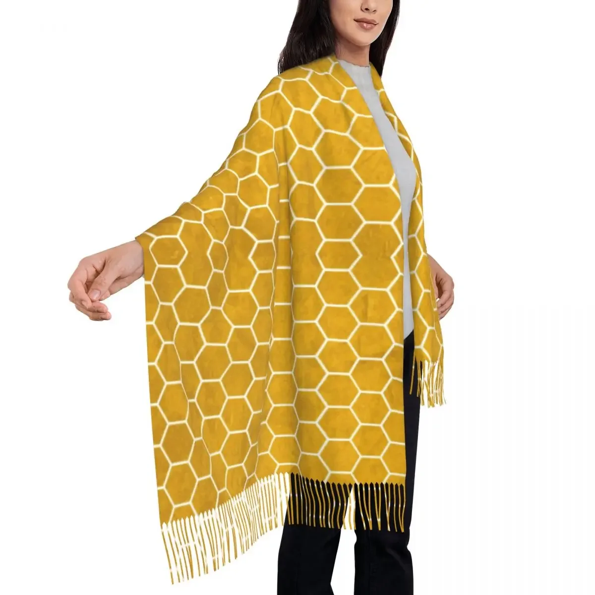 Geometry Print Scarf Womens Yellow Hexagon Large Scarves with Long Tassel Autumn Retro Shawl Wraps Outdoor Graphic Foulard