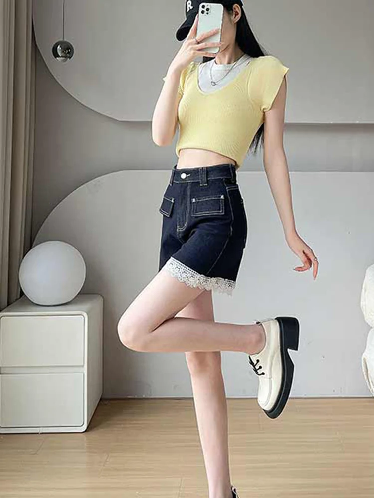 Deep blue straight leg denim shorts women in summer niche design sense lace high waist mid length and three part pants