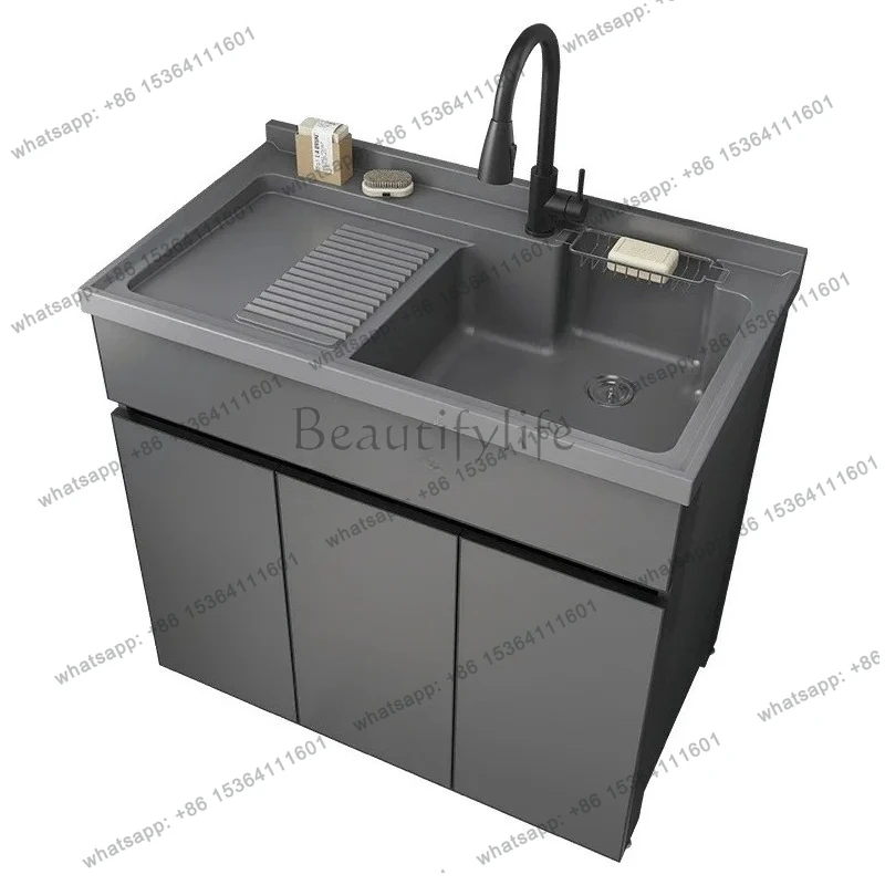 Space Aluminum Laundry Cabinet Balcony Laundry Sink Integrated Basin with Washboard Handwashing Basin