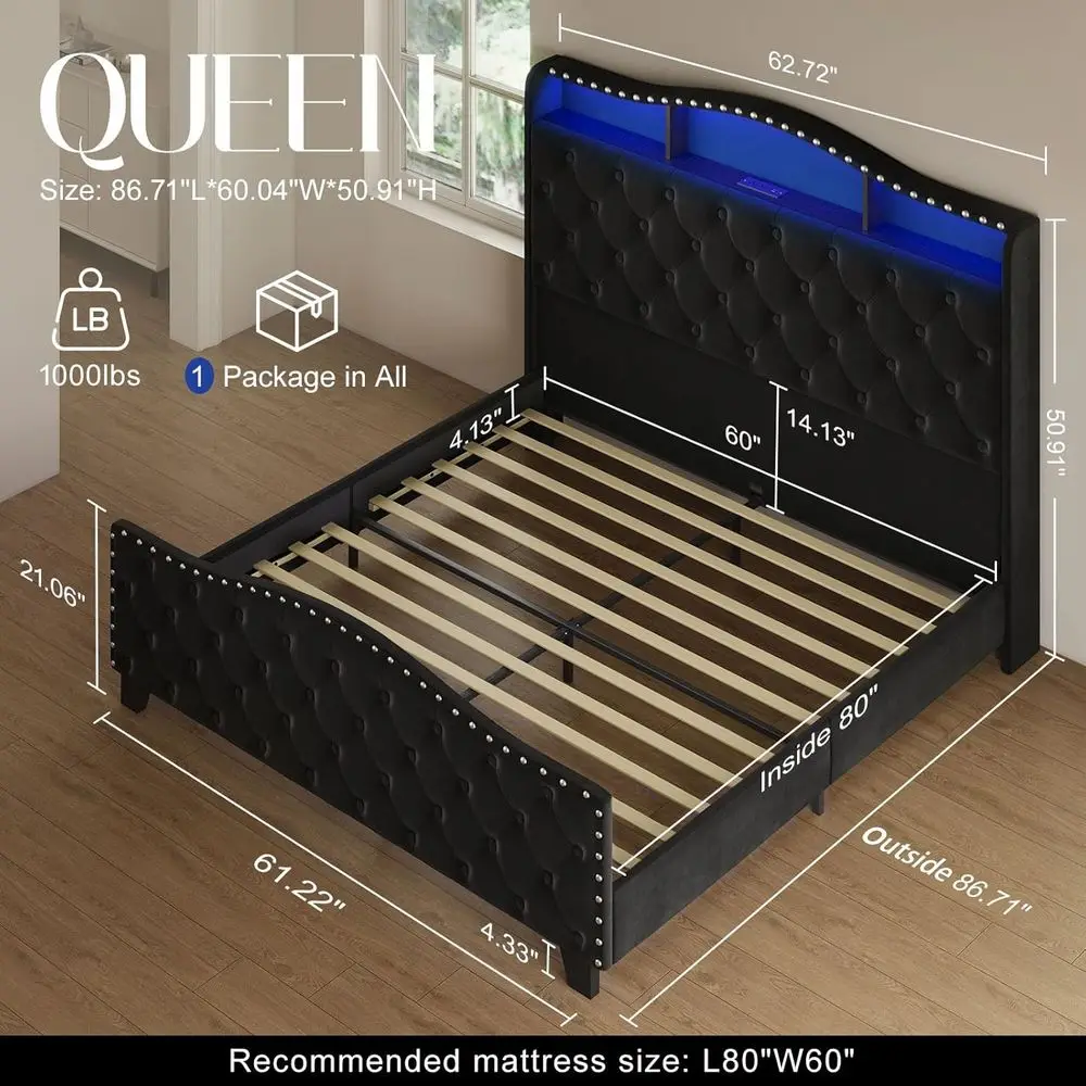 Queen Size Bed, 50.9 Velvet Upholstered Wingback Bed with LED Lights & Storage/Charging Station, Button Tufting, No Box Spring N