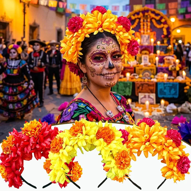 1-10PCS Dia De Los Muertos Flower Headband Orange Marigold Crown Raised Root Hairband for Carnival Dance Party